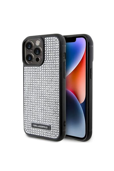 Karl Lagerfeld Husa Rhinestone Plate Metal Logo Iphone 15 Pro Argintiu