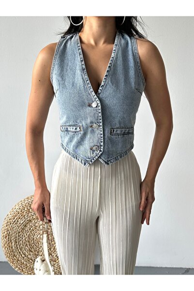 DESTEMODA Kot Yelek V Yaka Fleto Cepli Kar Yıkamalı Mavi 4502