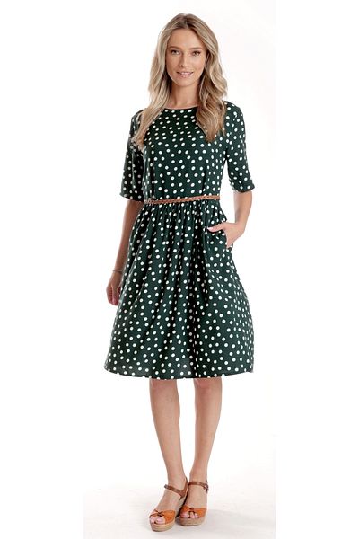 Eranthe Women's Medium Dress V273, Dark green with white polka dots