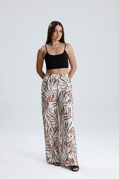 VAPUR TEKSTİL Leaf Patterned Linen Trousers with Elastic Waist