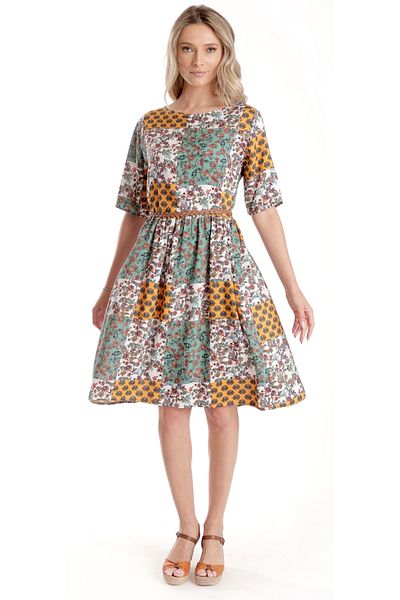 Eranthe Rochie Medie Dama V275, Imprimeu Combinat Crem, Mustar si Verde