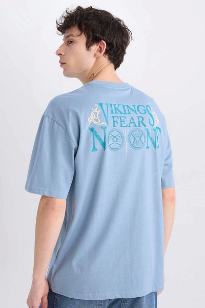 DeFacto E0434 Μπλε Vikings Valhalla Boxy Fit Crew λαιμόκοψη με στάμπα μπλουζάκι με κοντό μανίκι