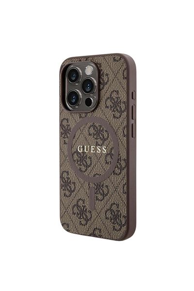 Guess Case Pu Leather 4g Colored Ring Magsafe Iphone 15 Pro Max Brown