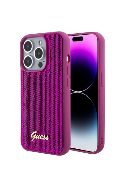 Guess Case Sequin Script Logo Iphone 15 Pro Magenta