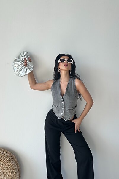 DESTEMODA Denim Vest V-Neck Fleto Pocket Snow Washed Gray 4502