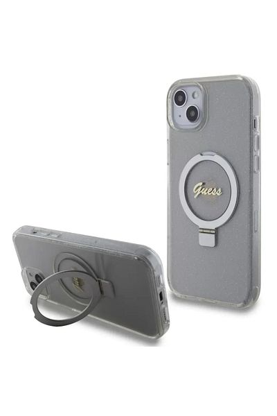 Guess Case Ring Stand Glitter MagSafe iPhone 15 Plus Transparent
