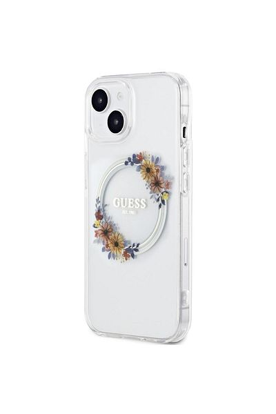 Guess Case Flowers Ring Logo Glossy MagSafe iPhone 15 Transparent
