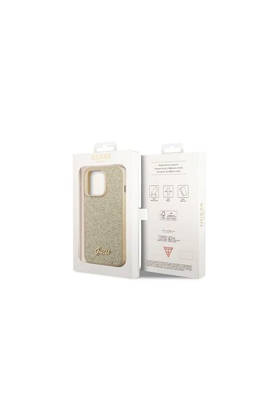 Guess Case Iphone 14 Pro Glitter Tpu Flakes Script Metal Logo Gold