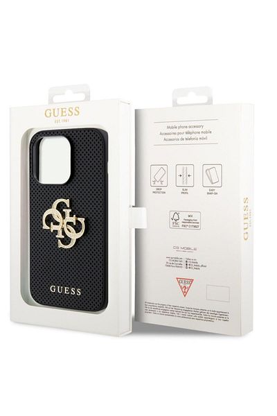 Guess Case Perforated 4g Glitter Metal Logo Iphone 15 Pro Black