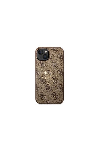 Guess Case Iphone 14 Leather 4g Metal Logo Brown