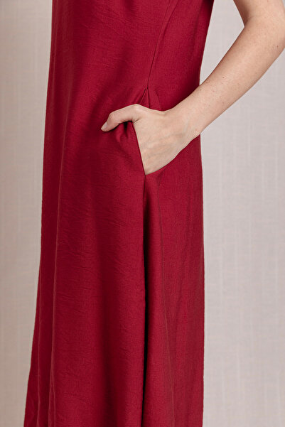 Volanlı V Yaka Cepli Yazlık Keten Elbise