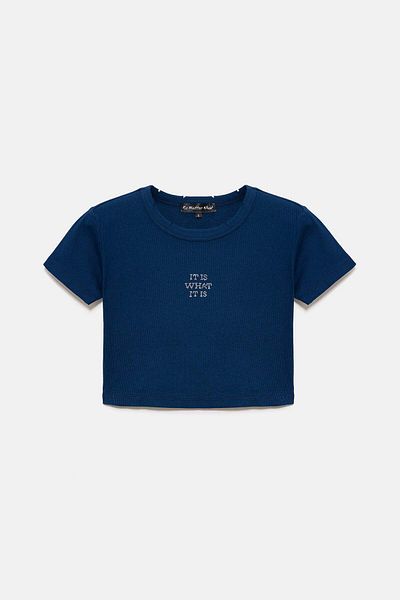No Matter What Kurzes, geripptes T-Shirt mit Stickerei in Stein