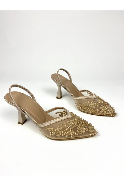 Gloriys Ayakkabı & Çanta 9 cm Heel Lace Shoes with Gold Pearls