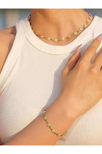 MOSSMOUR Daisy Necklace Bracelet Set – Floral Summer Jewelry – Daisy Jewelry – Beach Style Jewelry