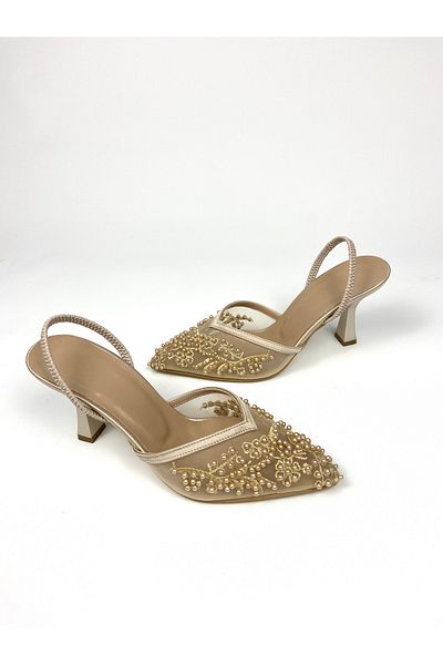 Gloriys Ayakkabı & Çanta 9 cm Heel Lace Shoes with Gold Pearls