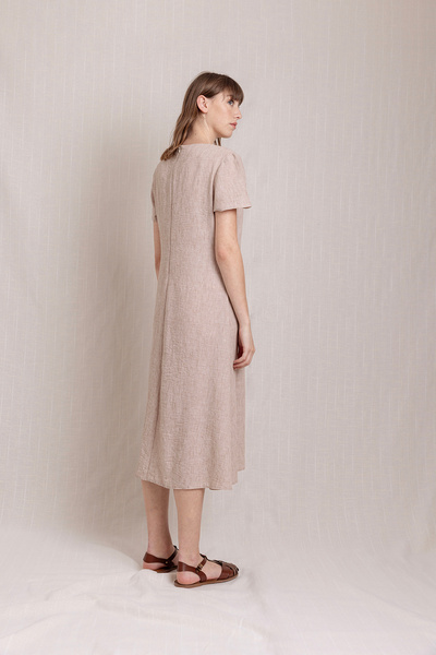 Volanlı V Yaka Cepli Yazlık Keten Elbise