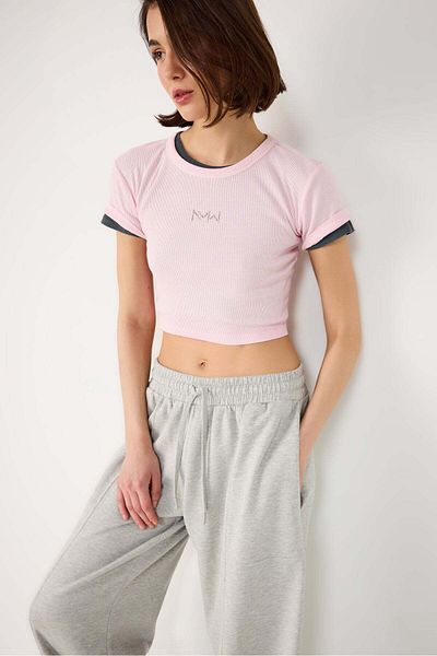 No Matter What Kurzes, geripptes T-Shirt mit Stickerei in Stein