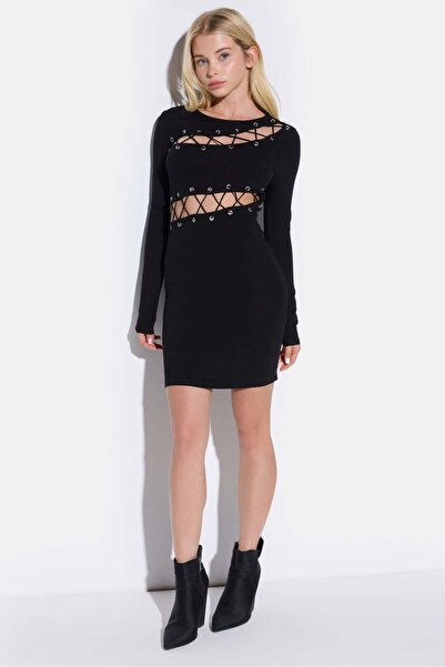 No Matter What Schwarzes Kleid mit Ösen- und Kordelverzierungen