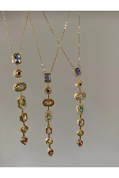 FLORAS JEWELRY Y Model Yüksek Kalite Renkli Taşlı Kolye (GOLD)