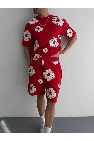 BBbutik Flower Embossing Printed Two Thread Fabric T-Shirt Shorts Set - Red Color