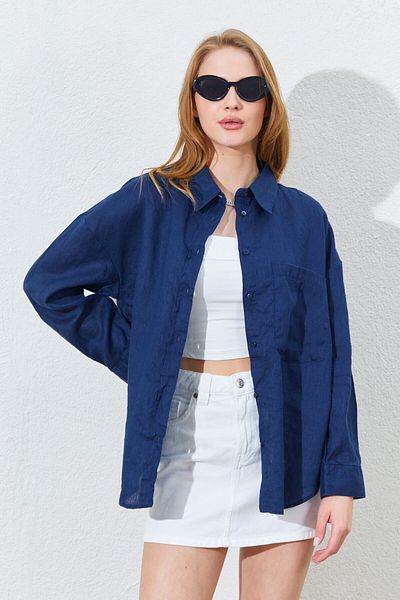 Manche 100% Linen Women's Shirt - Navy Blue |   Mkes169571 - One