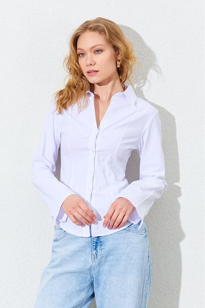 Manche Waist Seat Spanish Sleeve Lycra Cotton Shirt - White |   Mk161463-01