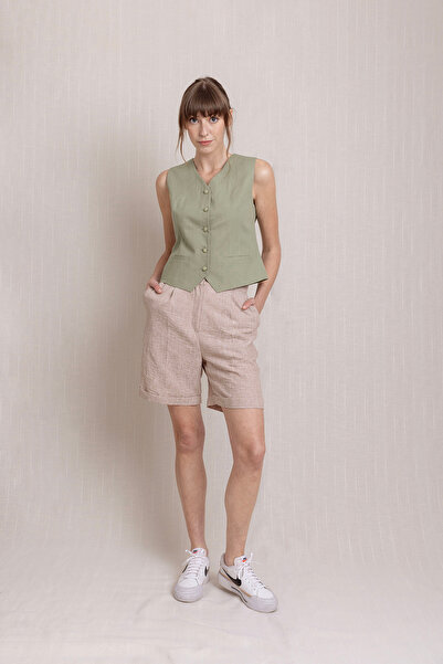 Volanlı Keten Pleli Duble Paça Şort Pantolon