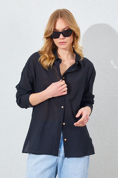 Manche Crinkle Women's Shirt - Black |   Mkes161201--1