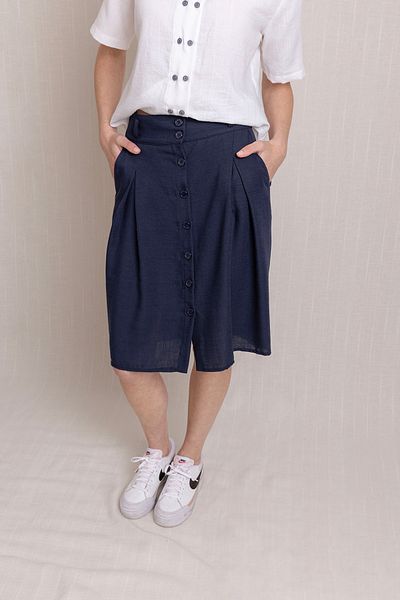 Volanlı Pleated Linen Skirt with Front Buttons and Pockets