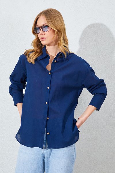 Manche Crinkle Women's Shirt - Navy Blue |   Mkes161201--1