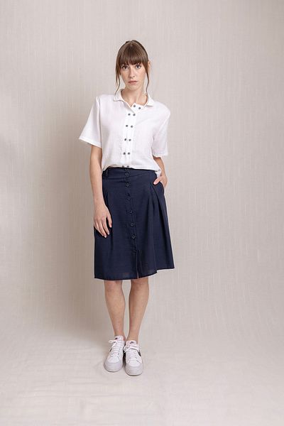 Volanlı Pleated Linen Skirt with Front Buttons and Pockets