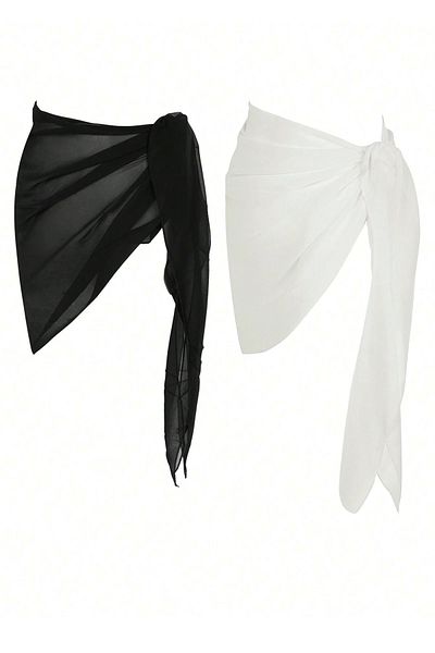 Beruflic Women's Black and White Transparent Waist Tie Pareo 2-Piece