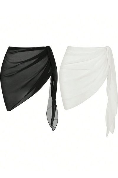 Beruflic Women's Black and White Transparent Waist Tie Pareo 2-Piece