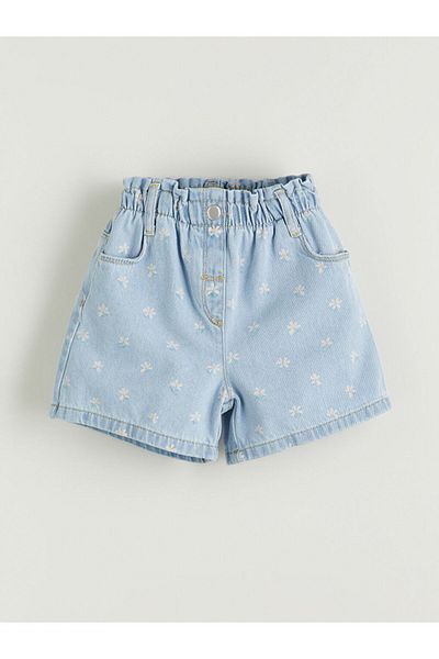 LC Waikiki Lcw Floral Girl's Jean Shorts with Elastic Waist