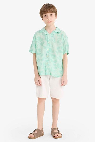 DeFacto Boy's Oversize Wide Fit Polo Neck Patterned Viscose Short Sleeve Shirt F5672A825Hs
