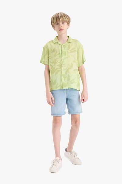 DeFacto Boy's Oversize Wide Fit Polo Neck Patterned Viscose Short Sleeve Shirt F5673A825Hs