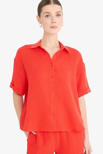 DeFacto Regular Fit Muslin Long Sleeve Red Shirt F0884Ax25Sm