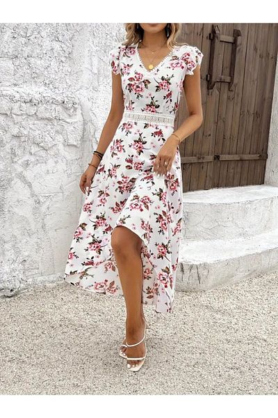 Masspera V Neck Short Ruffle Sleeves Lace Detail Floral Print Short Front Long Back Dress
