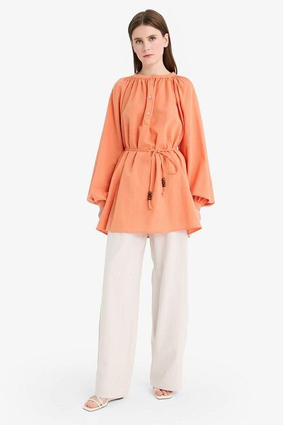 DeFacto Muslin Basic Plain Lace-Up Long Sleeve Tunic D4396Ax25Sm
