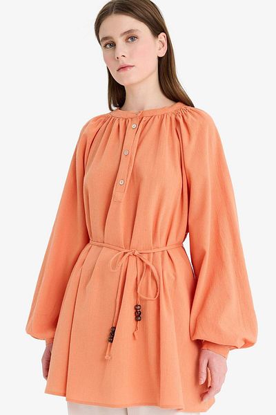 DeFacto Muslin Basic Plain Lace-Up Long Sleeve Tunic D4396Ax25Sm