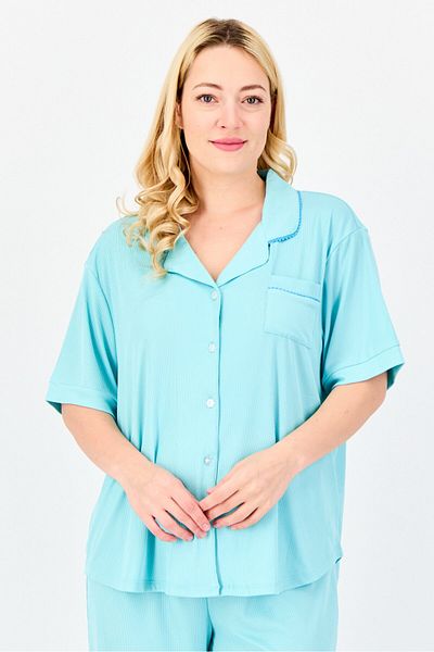 PJ Couture Women 2 Pieces Ribbed Short Sleeve Pajama Top And Bottom Set, Turquoise