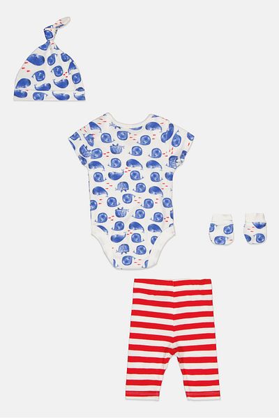 MOTHERCARE Toddlers Girl 4 Pieces Allover Print Bodysuit Bottom Beanie And Gloves Set, Multicolor