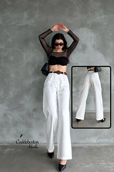 Caddebostan Moda Women's Black Linen Trousers with Belt