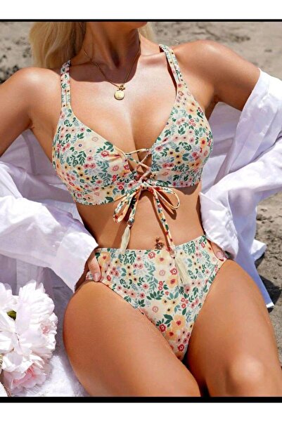 Kelebeklingerie High Waist Bikini Set with Front Tie Detail