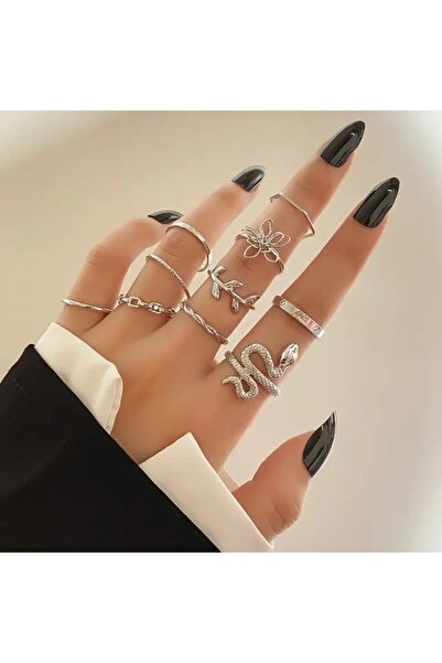 Perry Accesories 10 Adet Yüzük Seti Yılan Figürlü Eklem Yüzük Seti Kadın Gold...