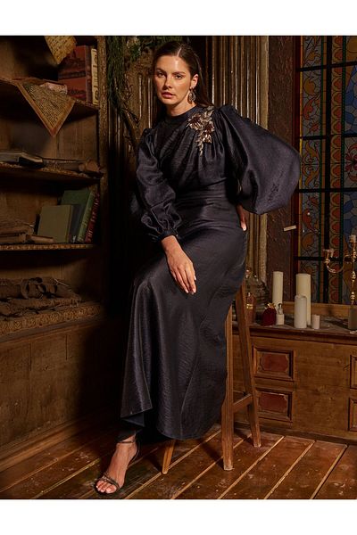 Kayra Rochie maxi din satin brodata Albastru inchis
