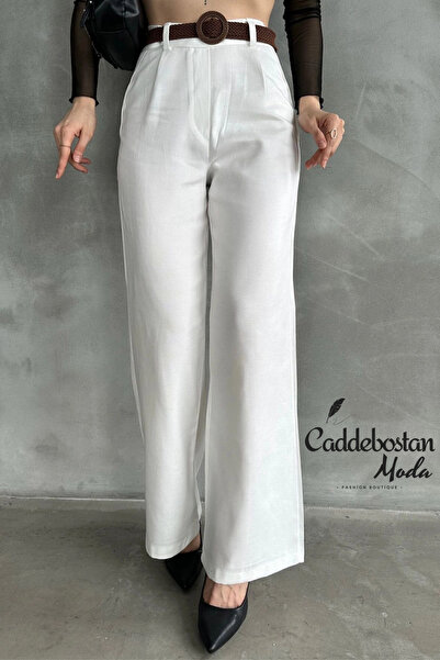 Caddebostan Moda Women's Black Linen Trousers with Belt