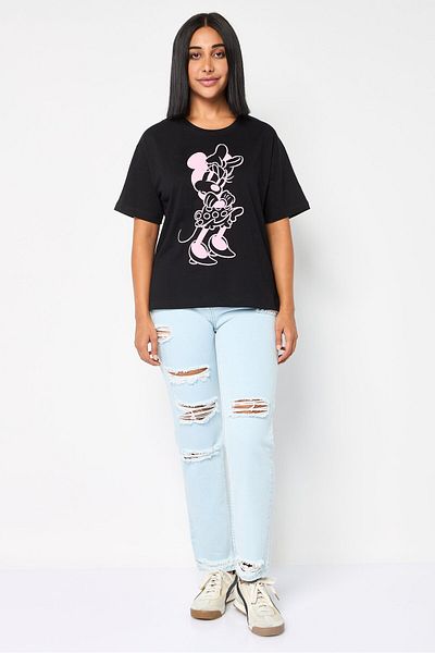 Disney x Mickey and Friends Women Crew Neck Printed Crop T-Shirt, Black
