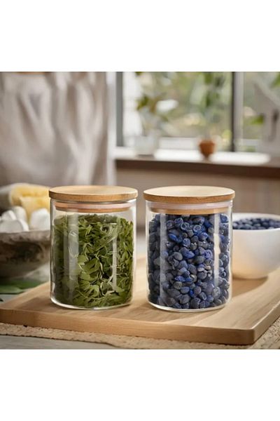 Noah Exclusive 1000 Cc (Set of 2) Borosilicate Glass Spice Jar - with Bamboo Lid - Storage Container - (9 cm X 14 cm)