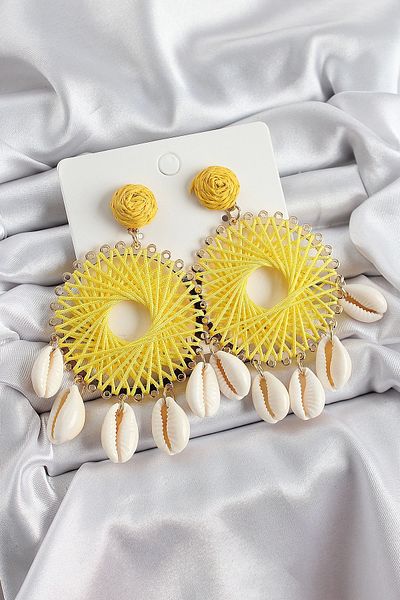 Clariss Yellow Straw Knitted Spiral Model Gold Color Women's Earrings with Hanging Seashell Detail